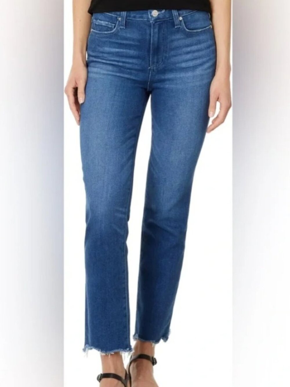 Paige Cindy High Rise Slim Jean Womens Medium Wash Blue Stretch Denim Raw Hem 27